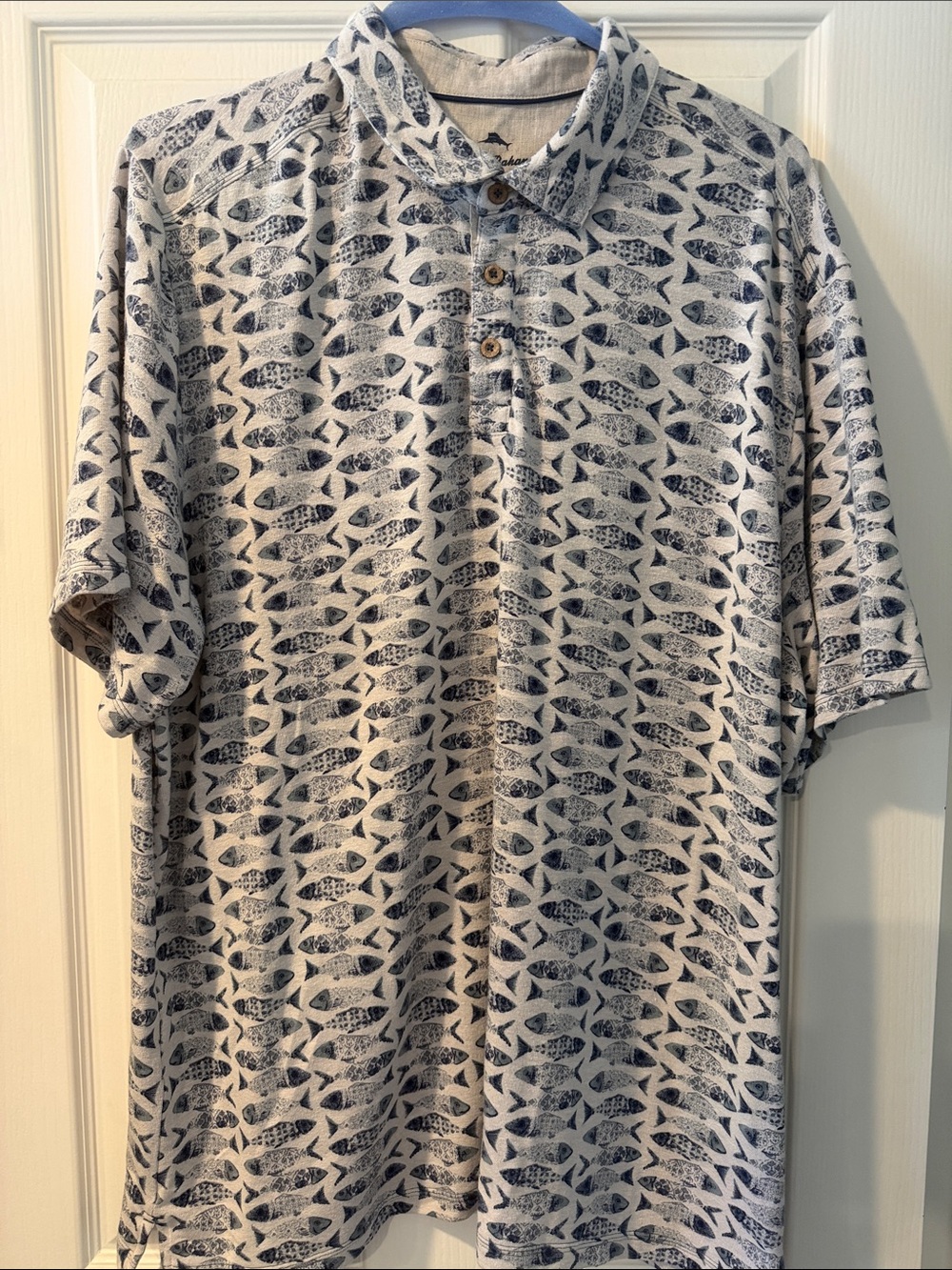Tommy Bahama Cream Polo with Navy Fish Print
